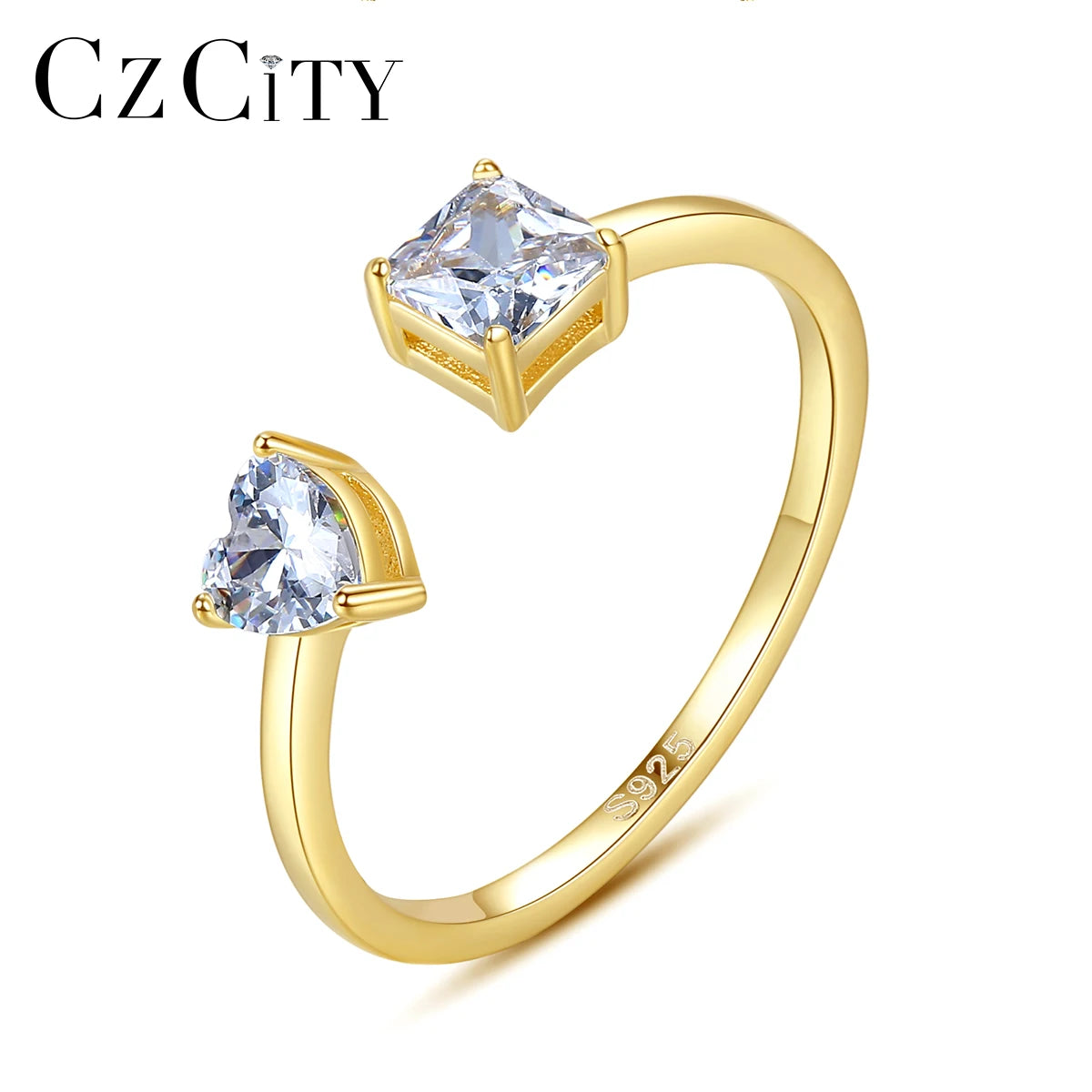 CZCITY Fine Simple Jewelry Gold Plated Heart Zirconia Rings 925 Sterling Silver Engagement Band Adjustable Open Ring for Girls
