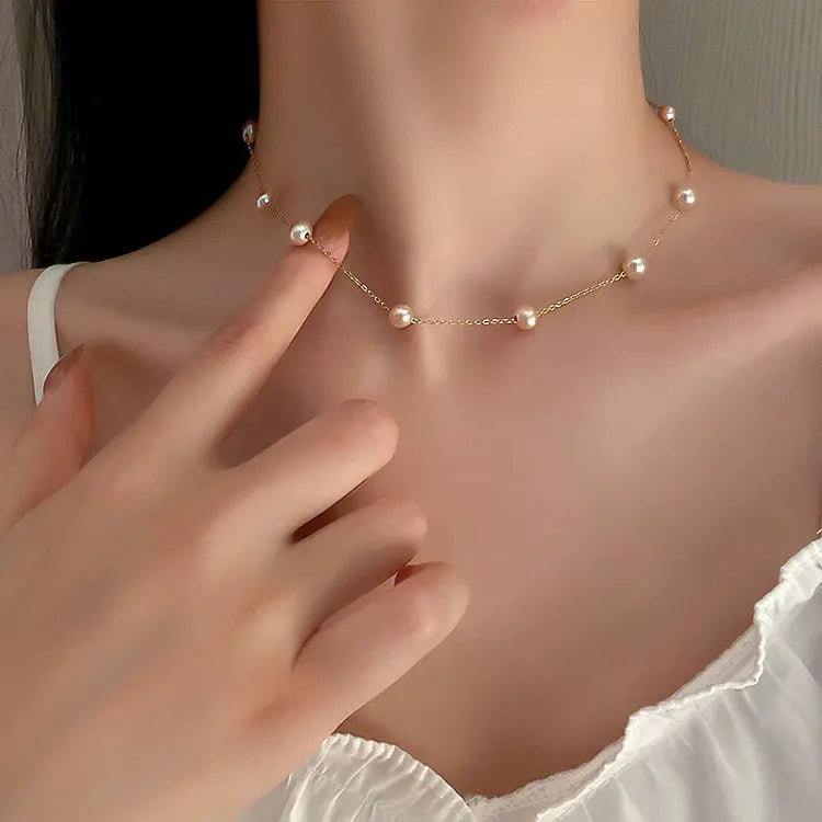 SC Tarnish Free 18K Gold Plated Stainless Steel Choker Necklace Fairy Natural Freshwater Pearl Babysbreath Necklace for Women