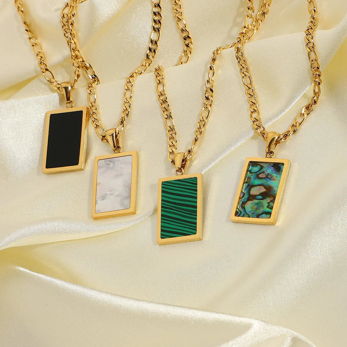18K Gold Tarnish Free Stainless Steel Chain square Green Malachite Black Onxy White Mother of Pearl Natural Gemstone Necklace