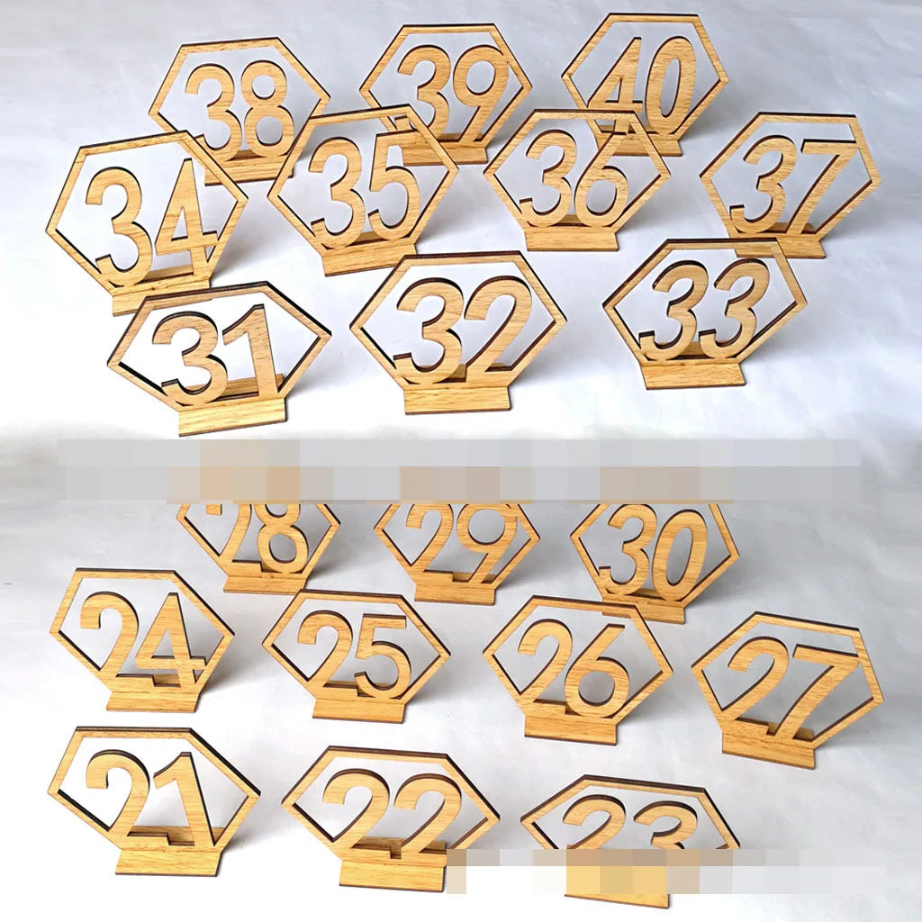Ychon Wooden Hexagon Wedding Table Numbers Wooden Stands Holders Ornament Desktop Seat Number Sign Banquet Wedding Decorations