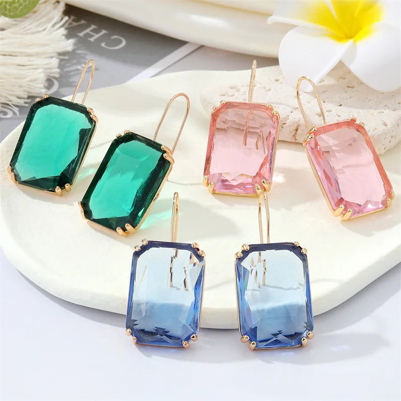Personalized Cute Geometric Crystal Earrings Statement Real Gold Plated Rectangle Crystal Hook Earrings
