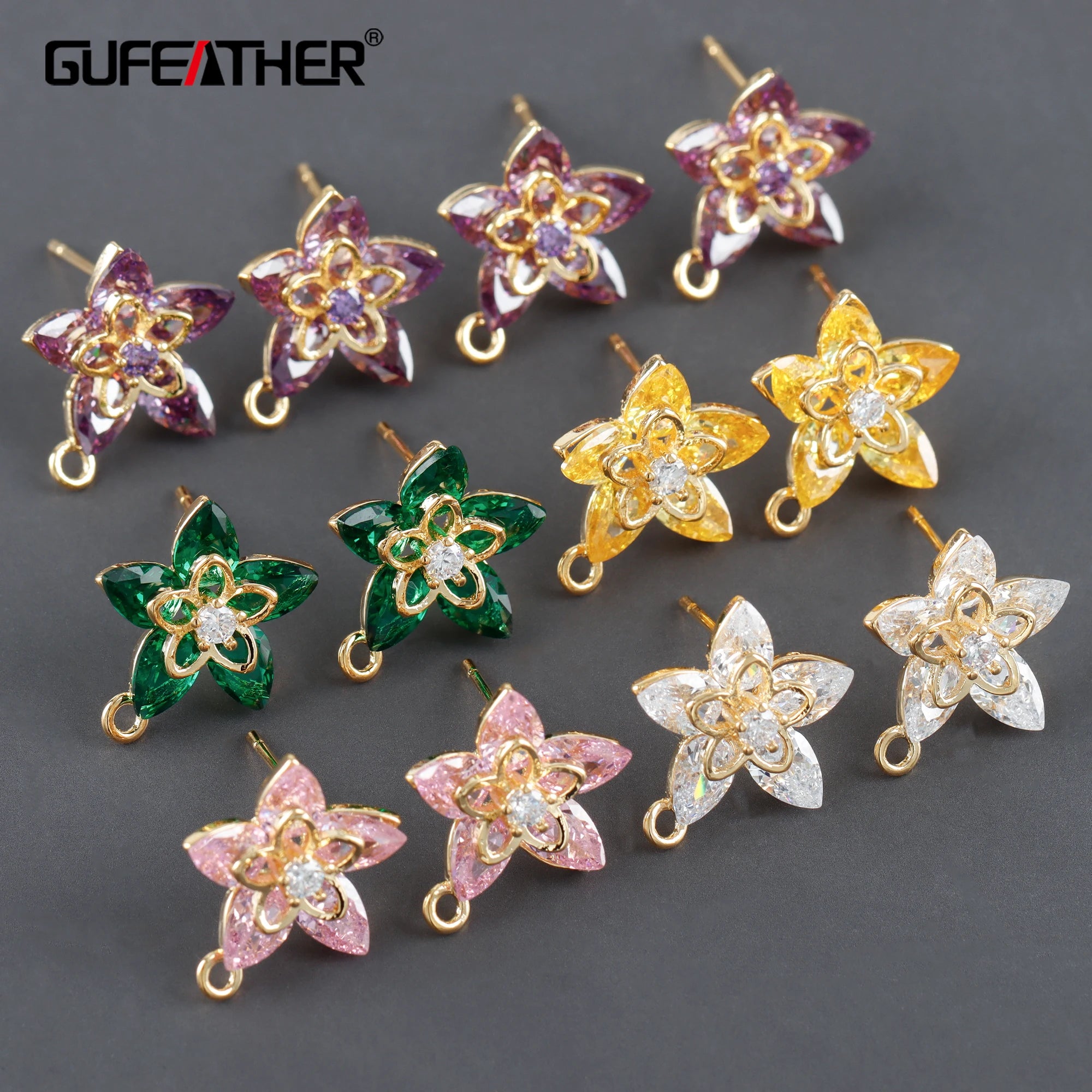 M1124 10pcs/lot 18K Gold Plated Copper Zircons Nickel Free Flower Shape DIY Earrings Accessories Pass REACH