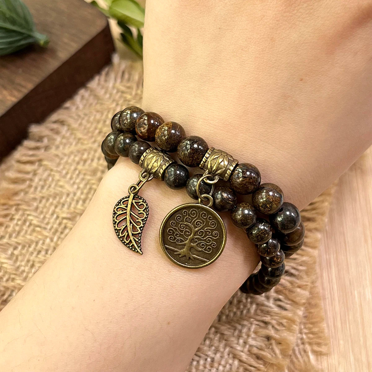 6mm&8mm  Bronzite Stone Bracelet Set WithTree of Life Leaves Charm Bronzite Stone Double Layer Stretch Bracelets