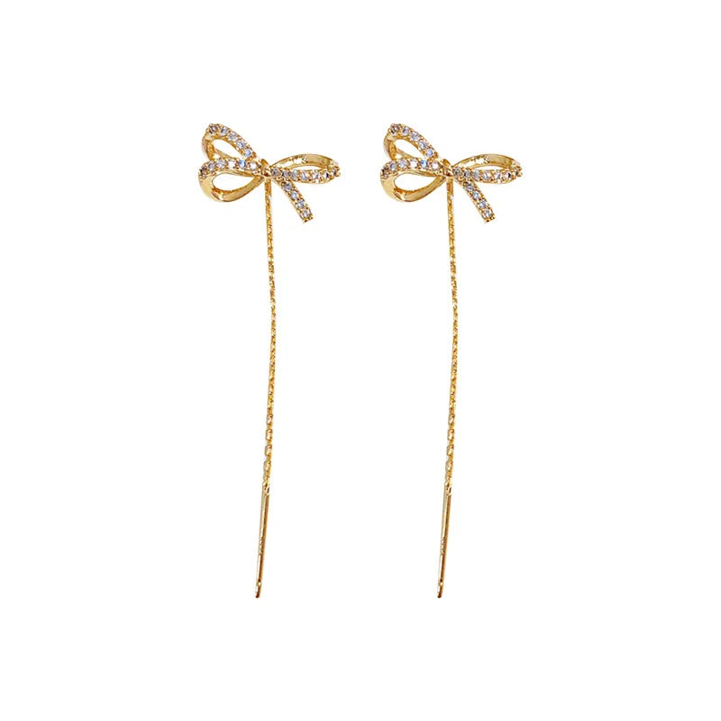 AA00293 Bling Rhinestone Crystal Bow Knot Earring Wire Cubic Zirconia Tassel Earrings Jewelry