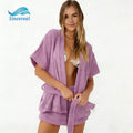 Custom Solid Embroidered Terry Casual Loungewear Women Short Sleeve 2 Piece Set Pajamas Robe Top & Shorts