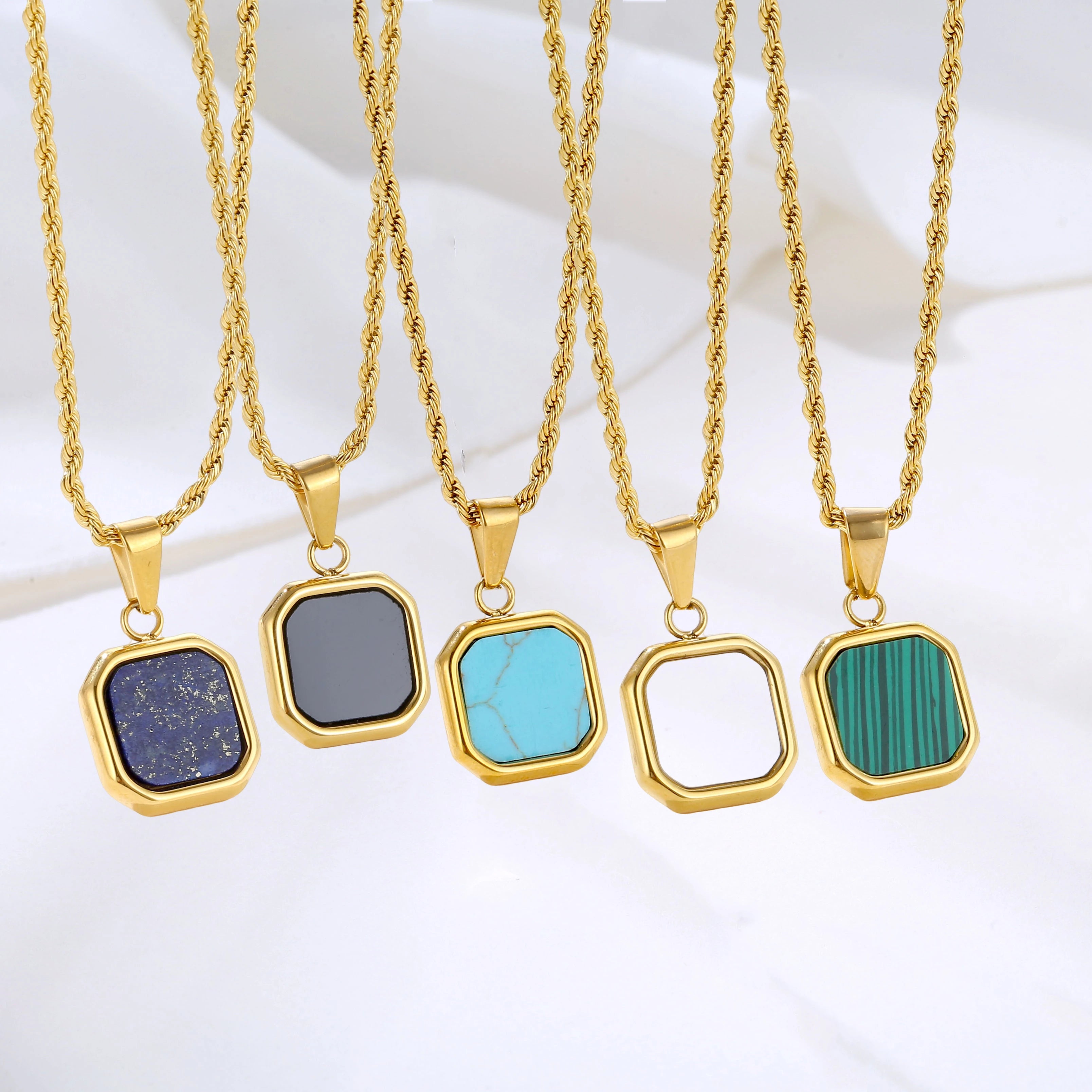 2024 Fashion 24K Gold Plated Enamel Square Pendant Necklace Link Chain Stainless Steel Oil Black Onyx Turquoise Casual/Sporty