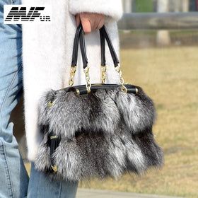 MWFur High-quality Women Handbag Natural Silver Fox Fur Bag Fashion Real Fur Bag