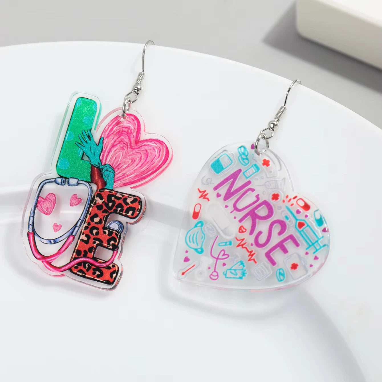 Cheap Personality Leopard Graffiti NURSE Stethoscope Cartoon Heart Letters LOVE Asymmetrical Simple Printed Acrylic Earrings