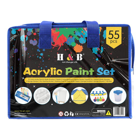 Kid DIY 55-Piece Acrylic Paints 12-Color Set with 12ml Tubes for Glass Canvas & Paper Art-Kids Stationery Set