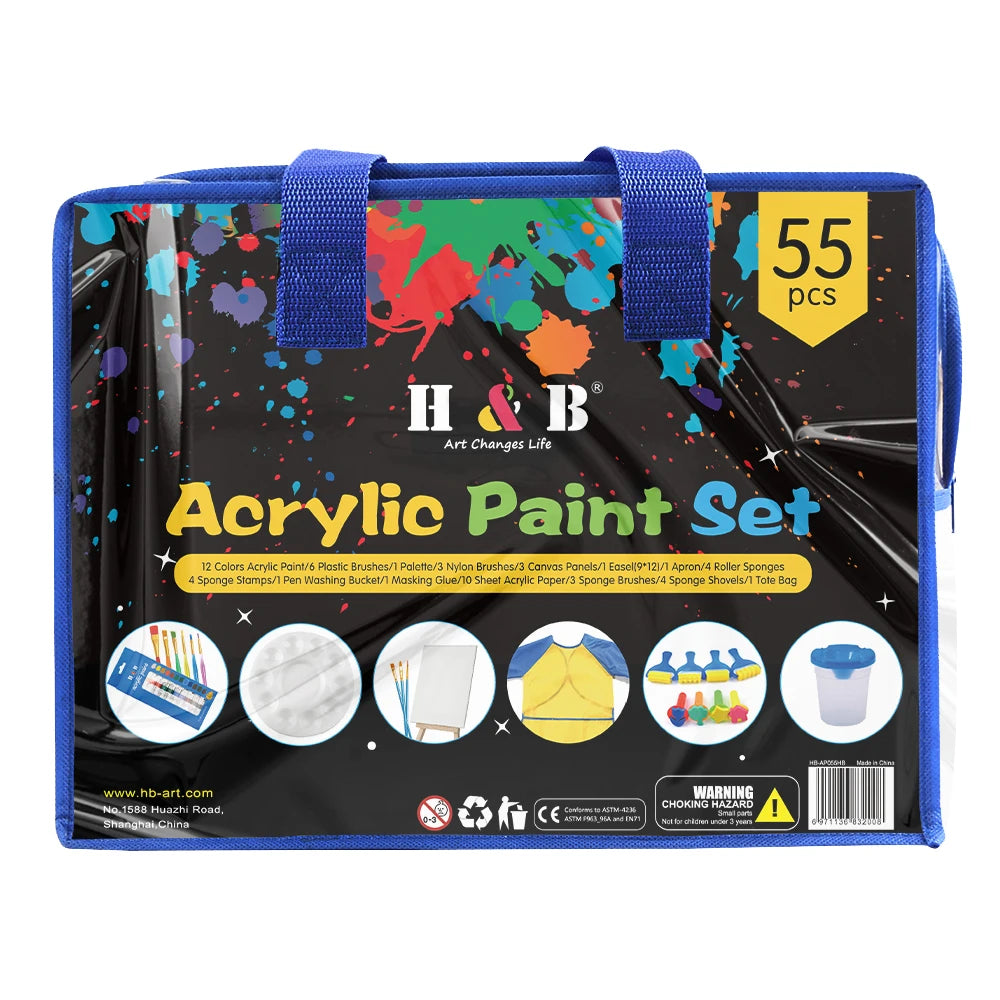 Kid DIY 55-Piece Acrylic Paints 12-Color Set with 12ml Tubes for Glass Canvas & Paper Art-Kids Stationery Set