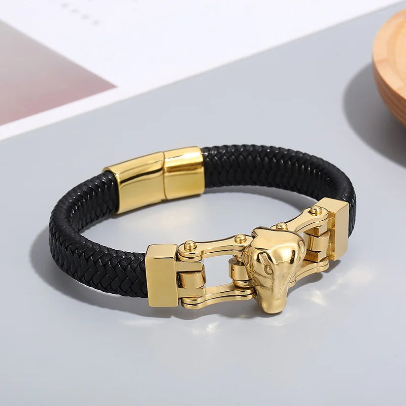 KALEN Gold Plated Stainless Steel Crocodile Genuine Cowhide Leather Bracelet Bangles for Men