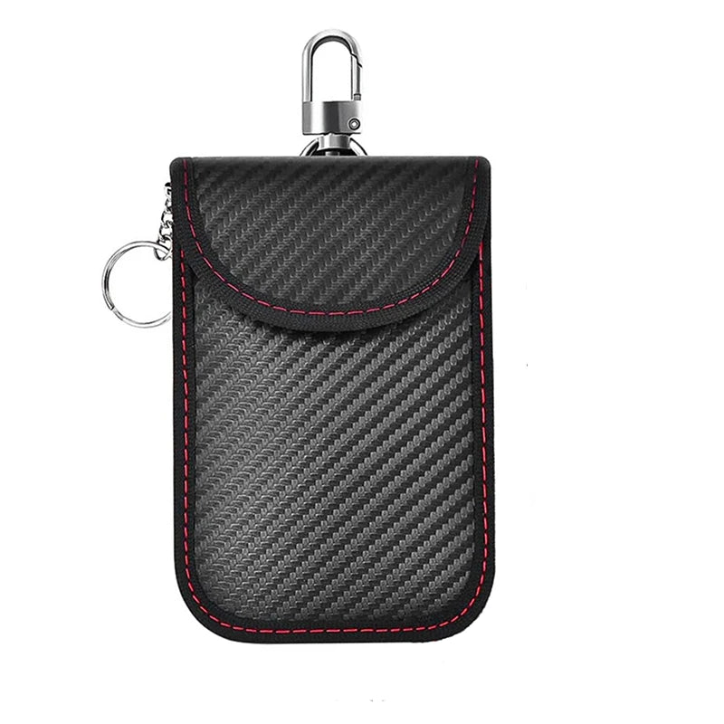 Carbon Fiber Leather RFID Car Key Signals Blocker Case with Key Hook Keyless Car Theft Pouch Wallet Faraday Car Key Bag