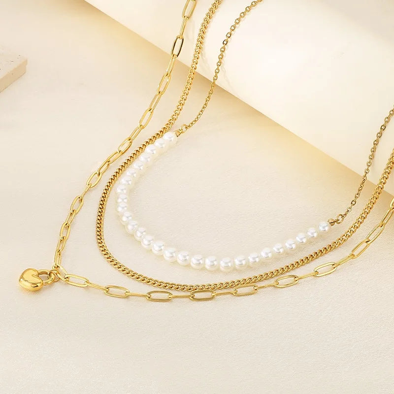 New Simple Multi-layered Stainless Steel love Necklace Fashion Pearl Chain Three-layer Necklace Titanium Steel Stacking Necklace