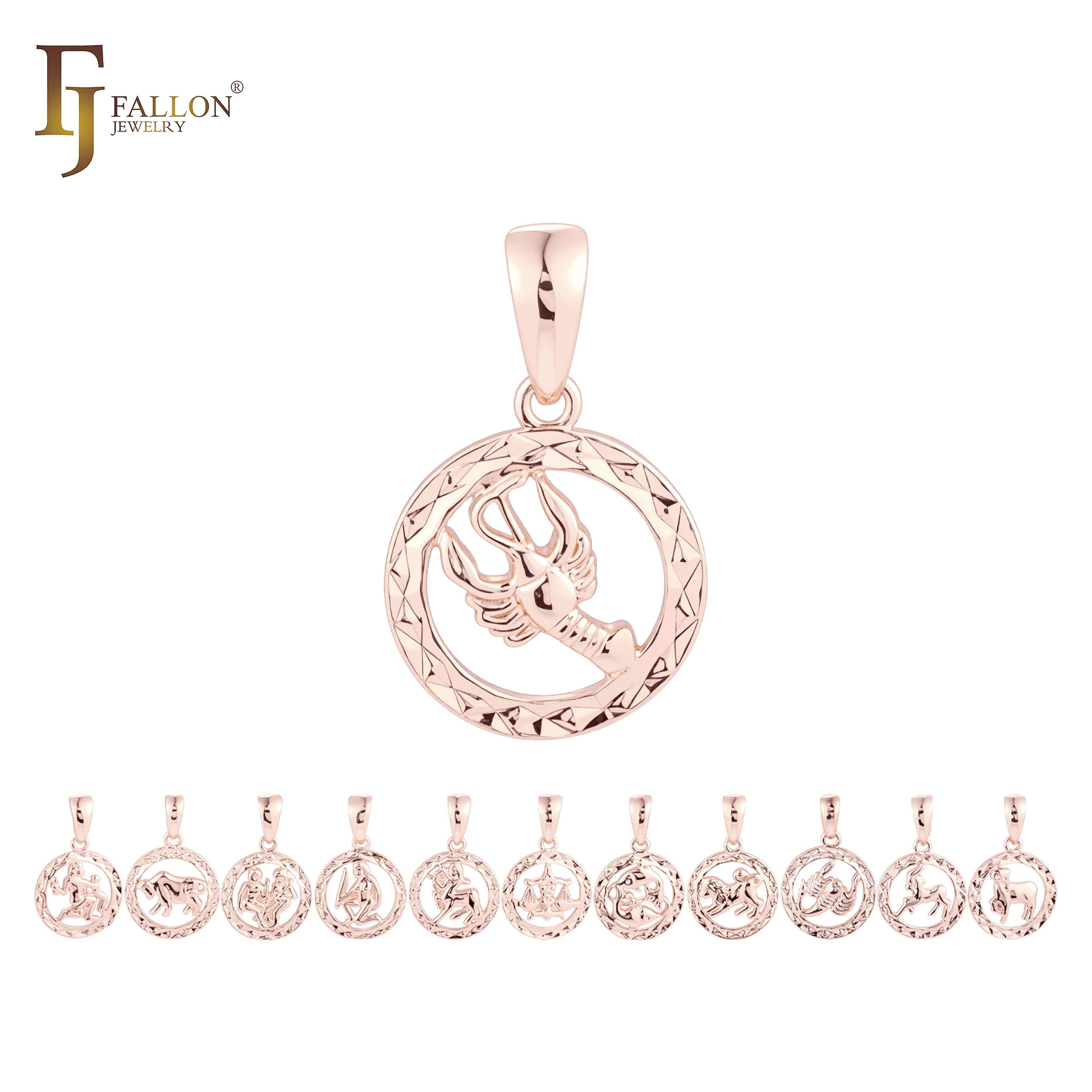 FJ Fallon Fashion Jewelry Pendant Zodiac Rhombus Textured Circle of Zodiac Plated in Rose Gold Brass Based