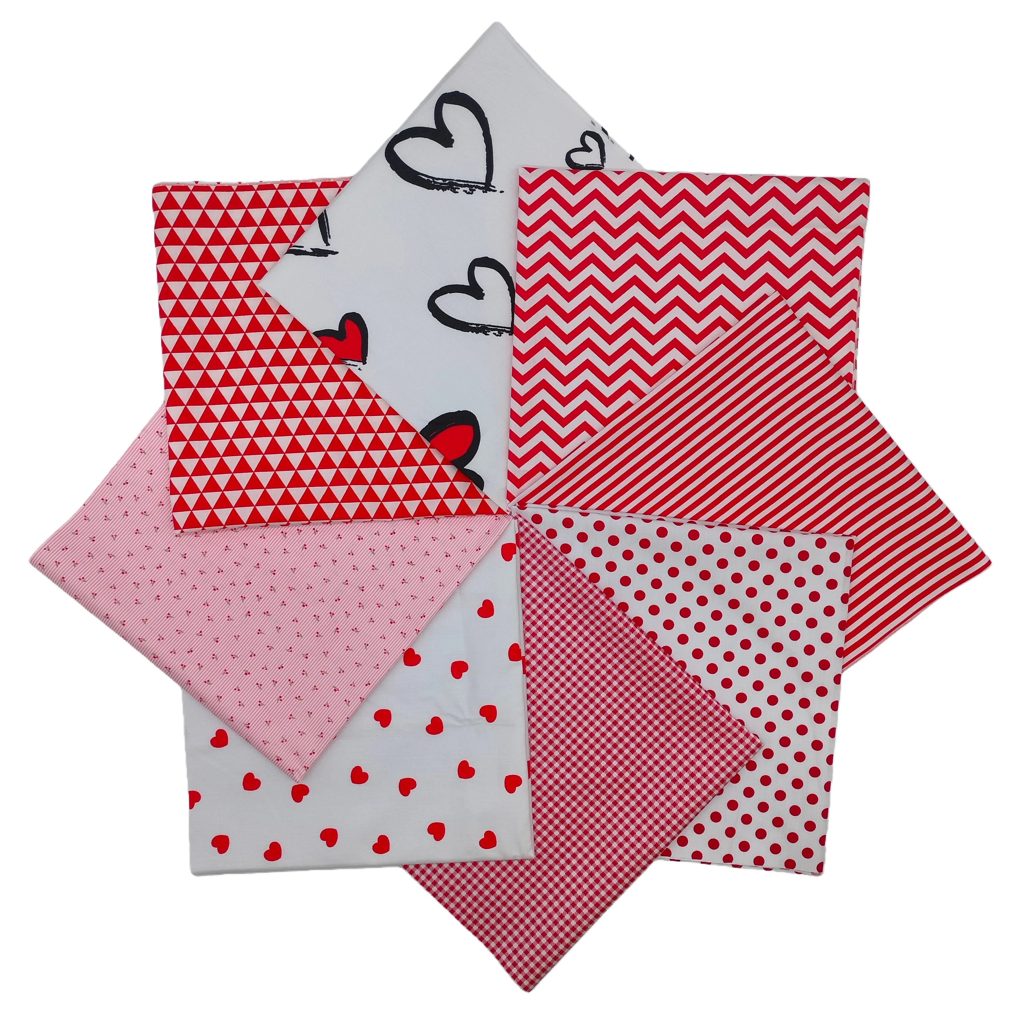 8pcs Pre-Cut Red Heart Printed 100% Cotton Fabric Bundles Perfect Sewing Cloth Patchwork Accessory for Valentine's Day DIY