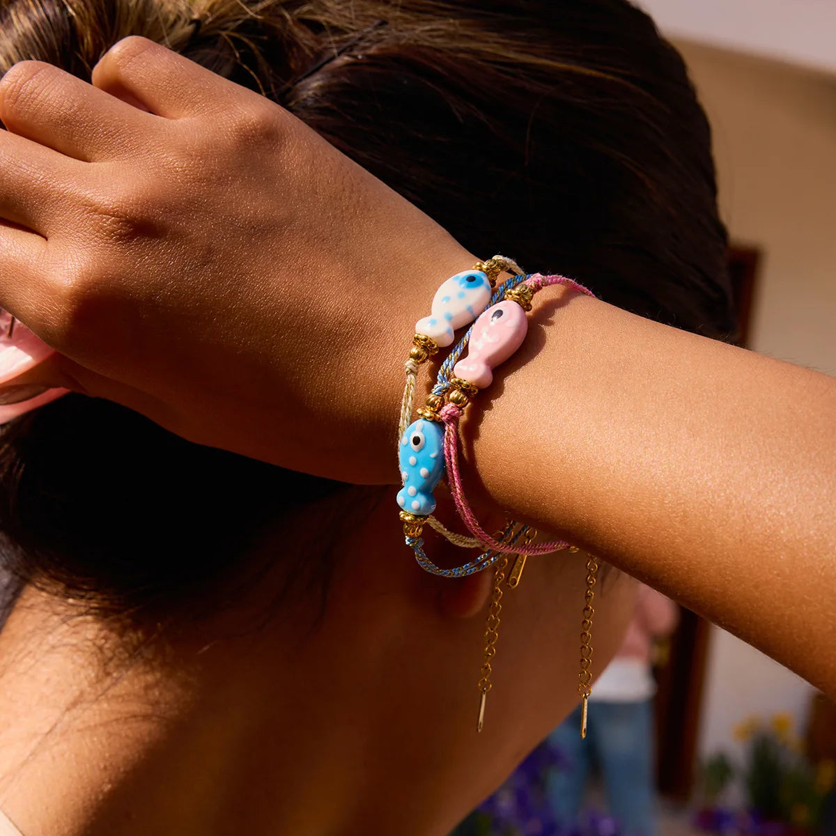 New Designed Colorful Rope Stainless Steel Bracelet Ocean Style Ceramic Fish Charm Handmade Bracelet Jewelry Women