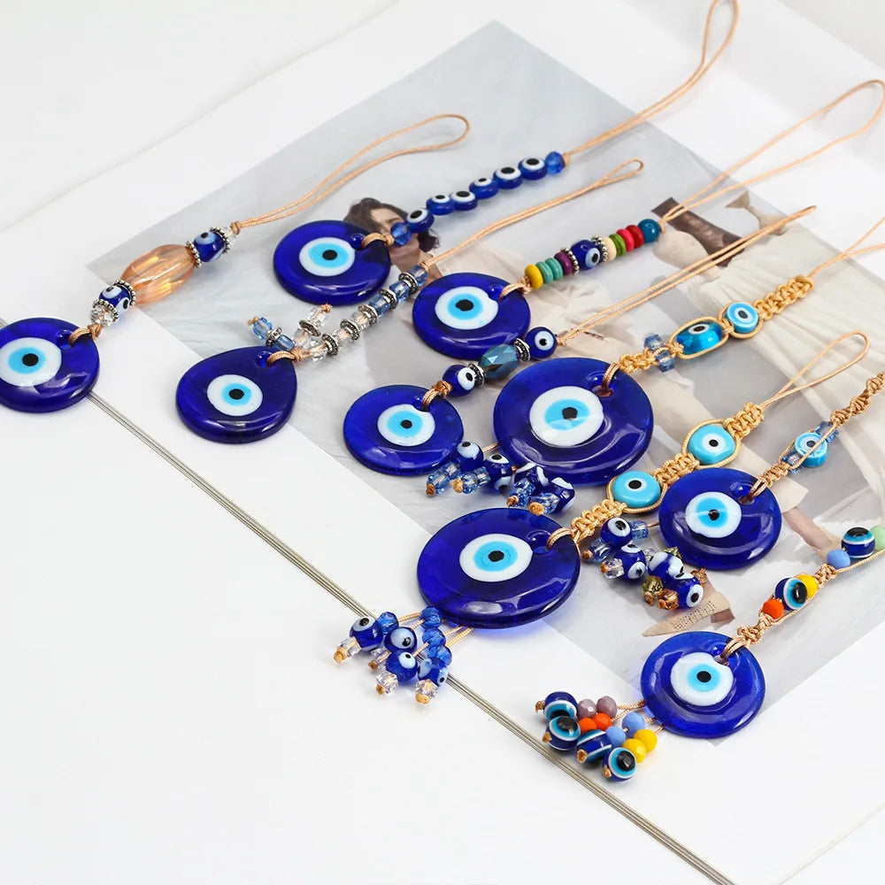 Wholesale Bag Car Charms Handmade Braided Big Glass Blue Turkish Evil Eye Keychain