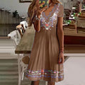 Wholesale 2025 Women's Vintage Bohemian V-Neck Dress Short-Sleeved Polyester Elegant Digital Printing Washable Plain Dyed