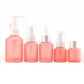 Frosted Pink Glass Skincare Set 60ml Lotion Pump Bottle 15ml 30ml Dropper Bottles 100ml Spray Cosmetic Packaging Bottles