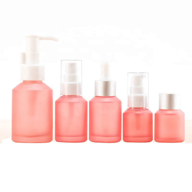 Frosted Pink Glass Skincare Set 60ml Lotion Pump Bottle 15ml 30ml Dropper Bottles 100ml Spray Cosmetic Packaging Bottles