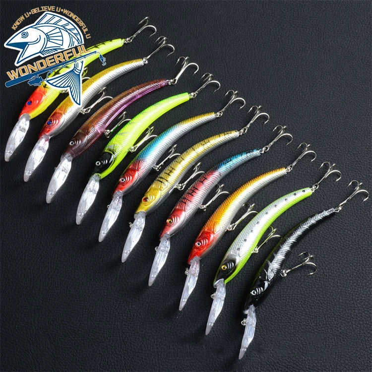 Factory Wholesale 16.3g 155mm Hard Artificial Multicolor Plastic 3D Eyes Bass Pike Sea Fishing Wobblers Long Lip Minnow Lure