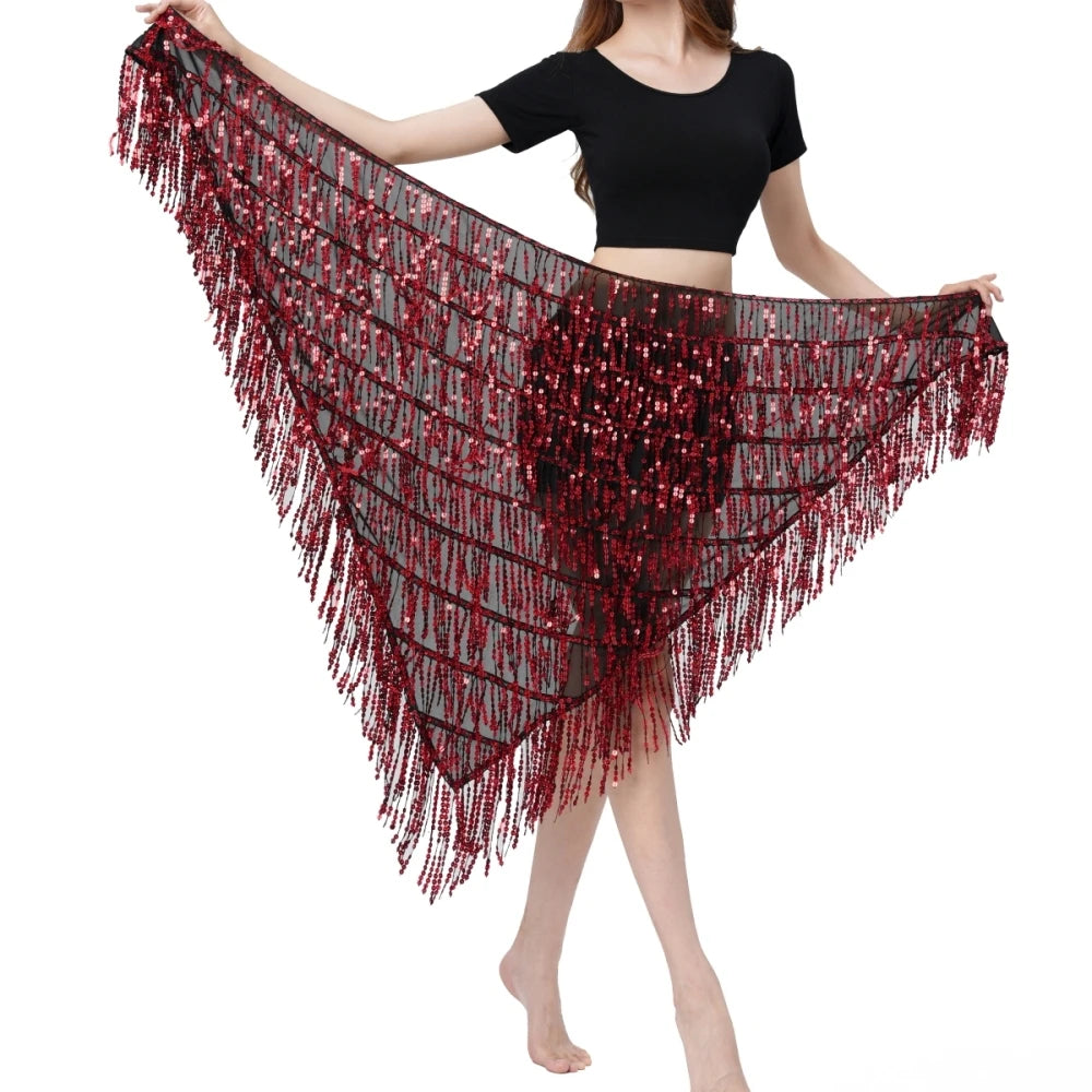 Belly Dance Long Tassel Hip Scarf Women Festival Club Sequin Wrap Skirt Rave Costume
