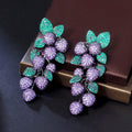 Micro Pave Purple Green Cubic Zircon Crystal Women Big Long Dangle Drop Grape Cluster Fruit Leaf Shaped Wedding Party Earring