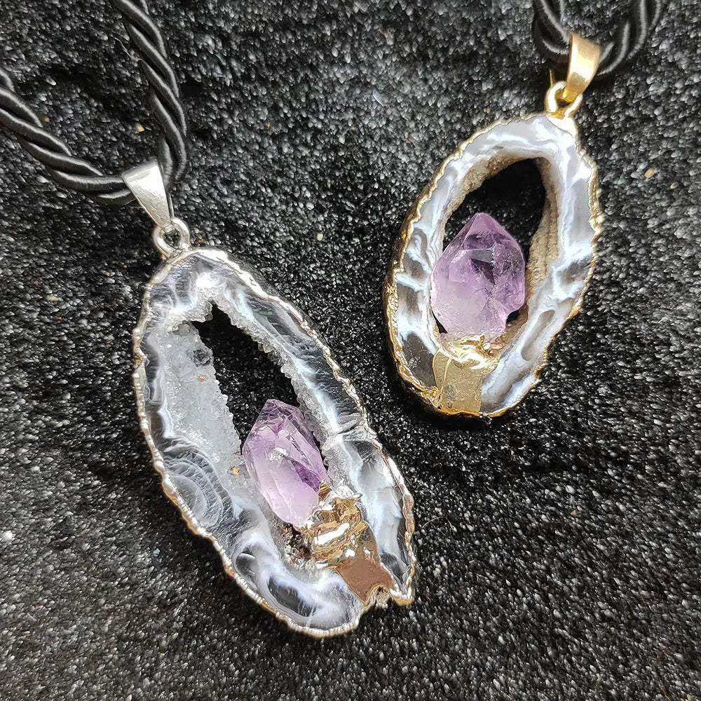 Hongzhuo New Wholesale crystal Natural raw druzy geode agate charm with amethystgold plating gemstone pendant charm for necklace jewelry making Jewelry