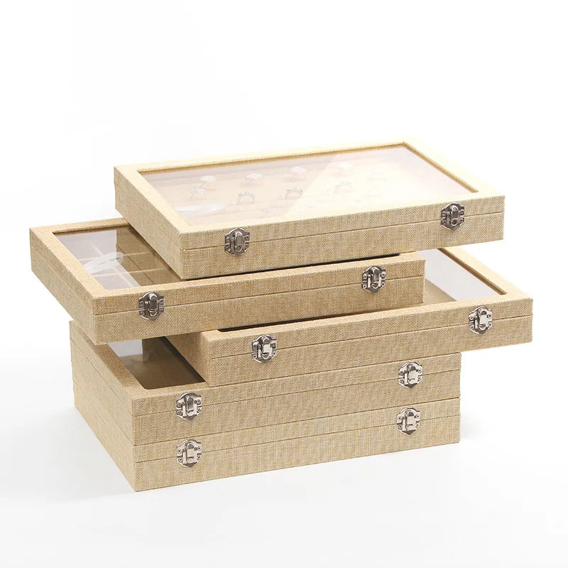 Wholesale Bulk Antique Linen Jute Stackable Display Tray for Drawer Organizer with Lid for Bracelet Necklace Ring Jewelry
