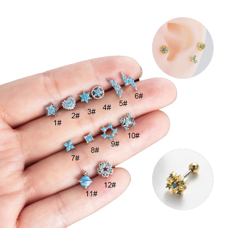 Stainless Steel Double Head Screw Ear Bone Nails love Star Shape Blue Opal Earring Stud for Women