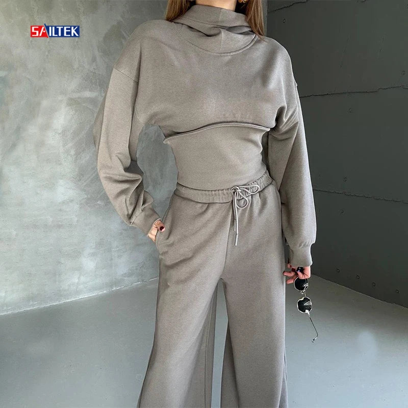 Clothing Women Luxury Knitted Tracksuit for Women Custom Sweatsuit 2 Piece Wide Leg Pants and Turtleneck Sweatshirt Set