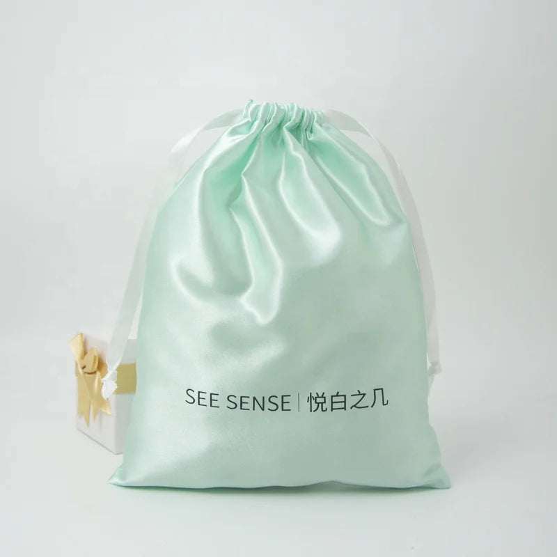 Custom Logo Printed Satin Extension Bag Luxury Recyclable Cosmetic Dust Pouch with Drawstring