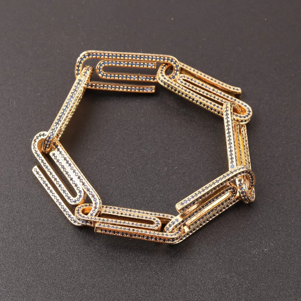 Chunky Gold Plated Paperclip Bracelet with ZIircon Trendy Style Charm Bracelet for Party Gifts
