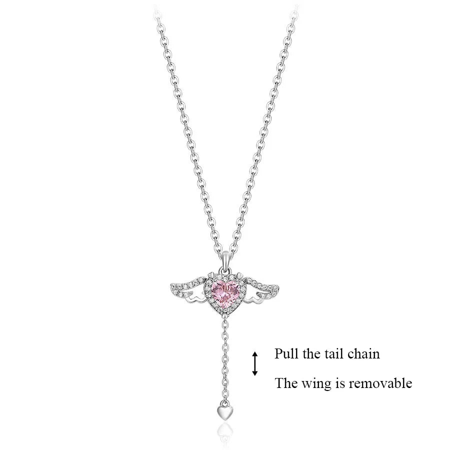 925 Sterling Silver Fine Jewelry Movable Angel Wing Crystal Choker with Cupid Heart Cubic Zircon Necklace