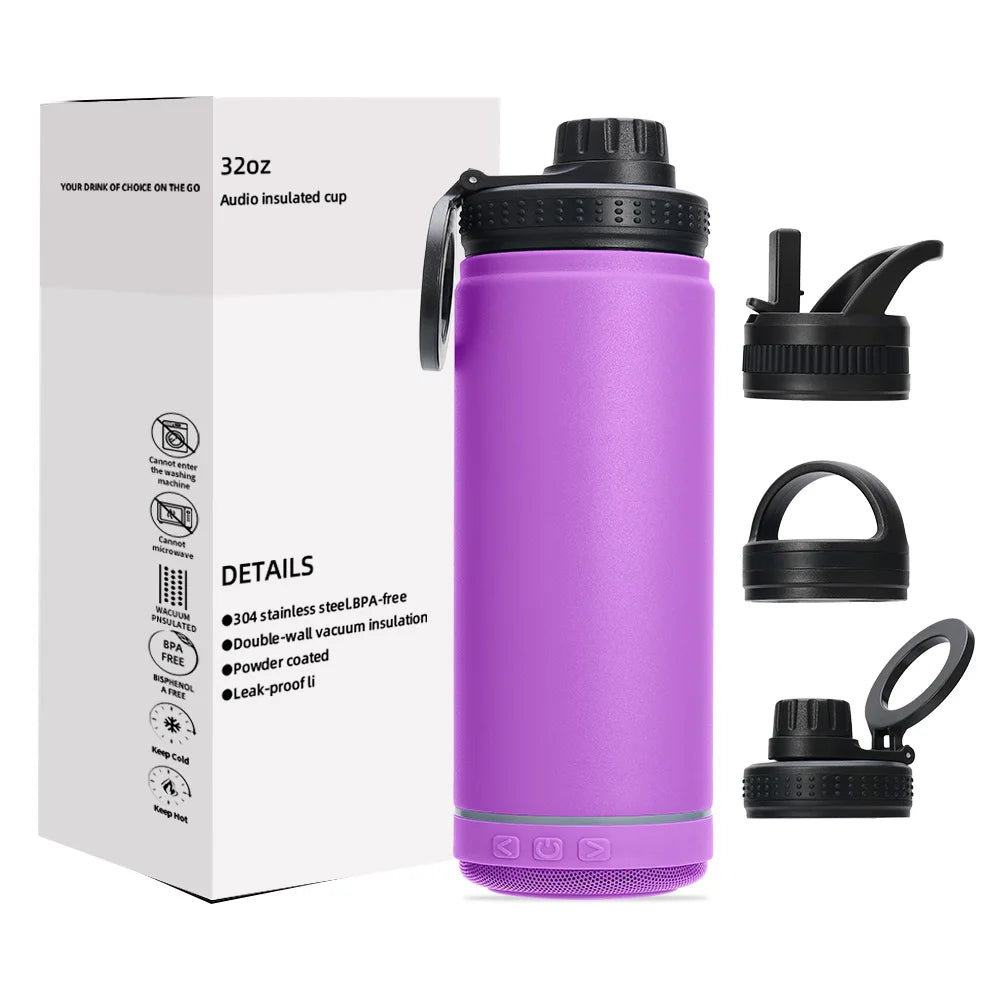 Wholesale 32oz Music Speaker Stainless Steel Vacuum Fitness Sport Water Bottle with Straw Handle Lid