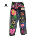 Unique Stylish High Waist Jeans Colorful Decorations Inlaid Jewels Sequined Distressed High Street Jeans Women Straight Pants