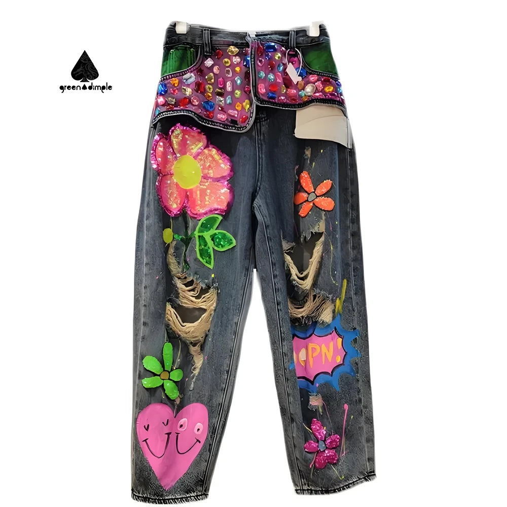 Unique Stylish High Waist Jeans Colorful Decorations Inlaid Jewels Sequined Distressed High Street Jeans Women Straight Pants