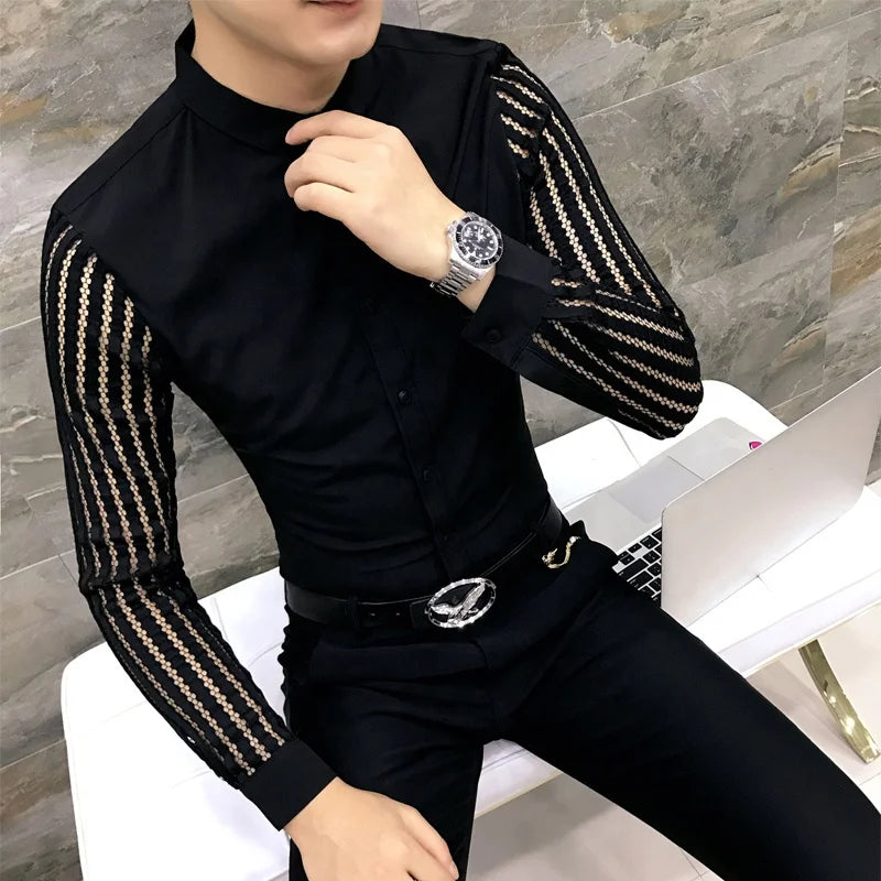 2023 New Mens Black White Lace Hollow Patchwork Shirt Long Sleeve Luxury Party Promshirt Men's Petticoat Nightclub Dress Tuxedo
