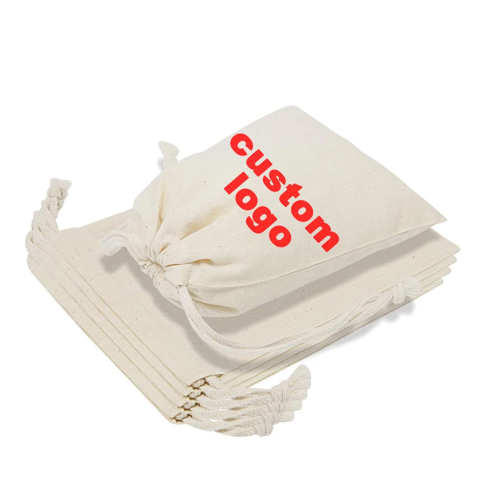 Custom Logo Reusable Eco-Friendly Vintage Organic Jewelry Storage Cotton Canvas Muslin Drawstring Pouch Bag Dust Bag for Market