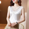 3038# Korean Fashion ELEGANT Sleeveless Tank Satin Blouse Solid Vintage Summer Women Lace Breathable Shirt