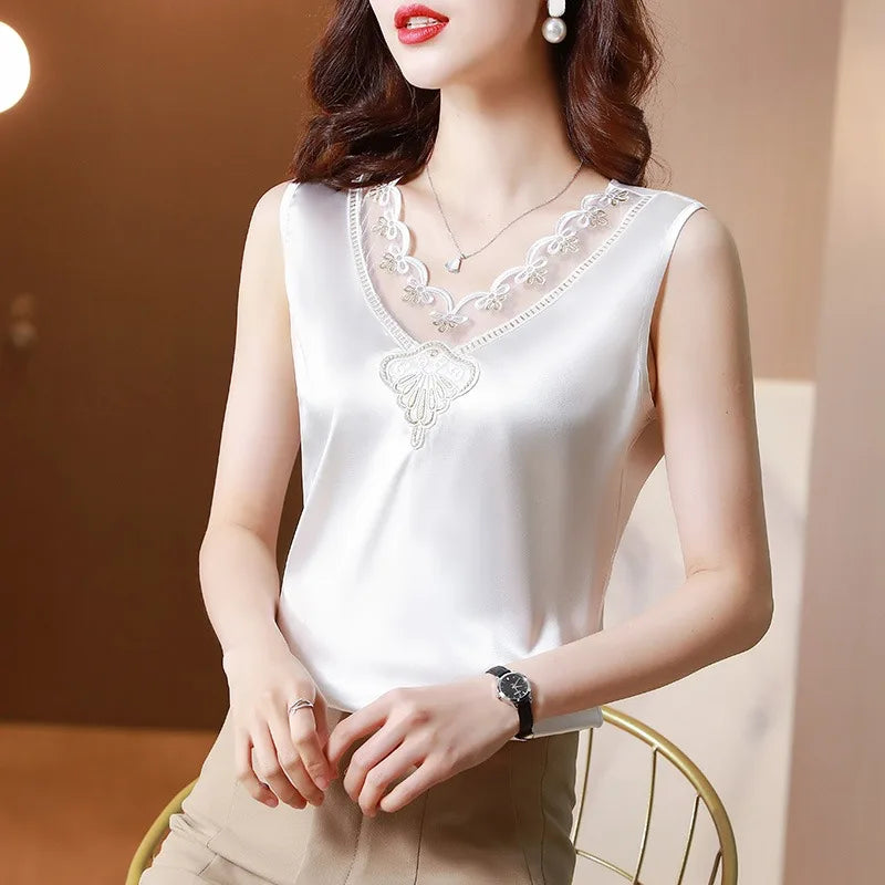 3038# Korean Fashion ELEGANT Sleeveless Tank Satin Blouse Solid Vintage Summer Women Lace Breathable Shirt