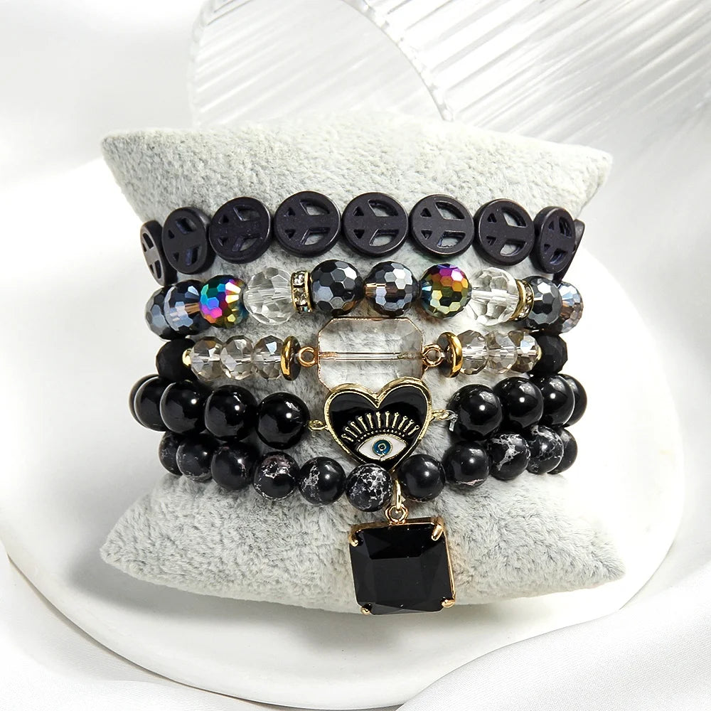 New Elastic 5pc Jewelry Natural Stone Crystal Glass Bracelet Colorful Peace Polymer Clay Druzy Tassel Drop Stack Bracelets Set