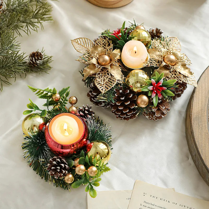 Qq265 New Christmas Candlestick Artificial Wreath Candlestick Decoration Vintage Wood Dried Flower Candlestick