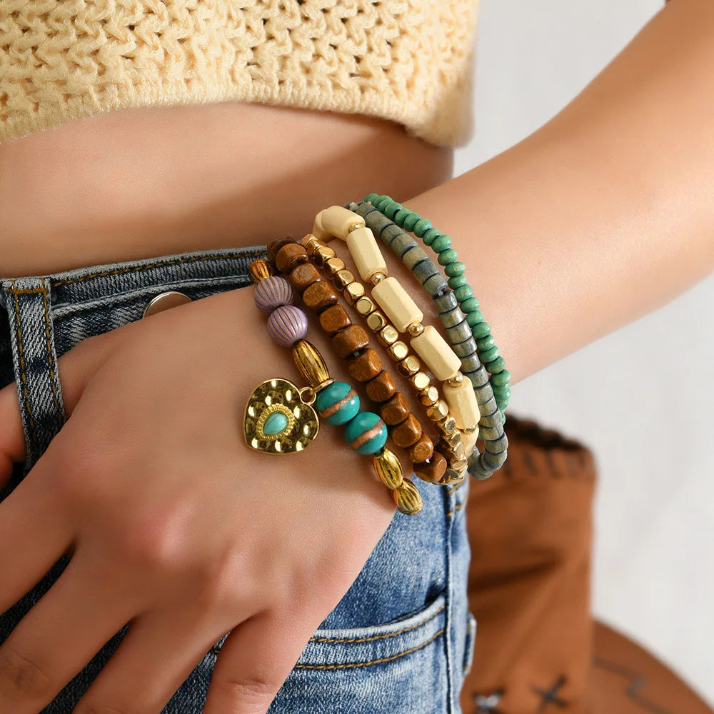 European American Retro Simple Beaded Bracelet 6-Piece Bohemian Multi-Layer Elastic Wooden Beads for Gift