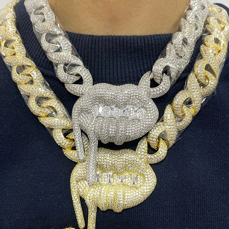 New Design Hip Hop Women Jewelry Ice Out Gold Prong White CZ Dip Mouth Choker Fashion Tear Drop Lip Pendant Chain Necklace