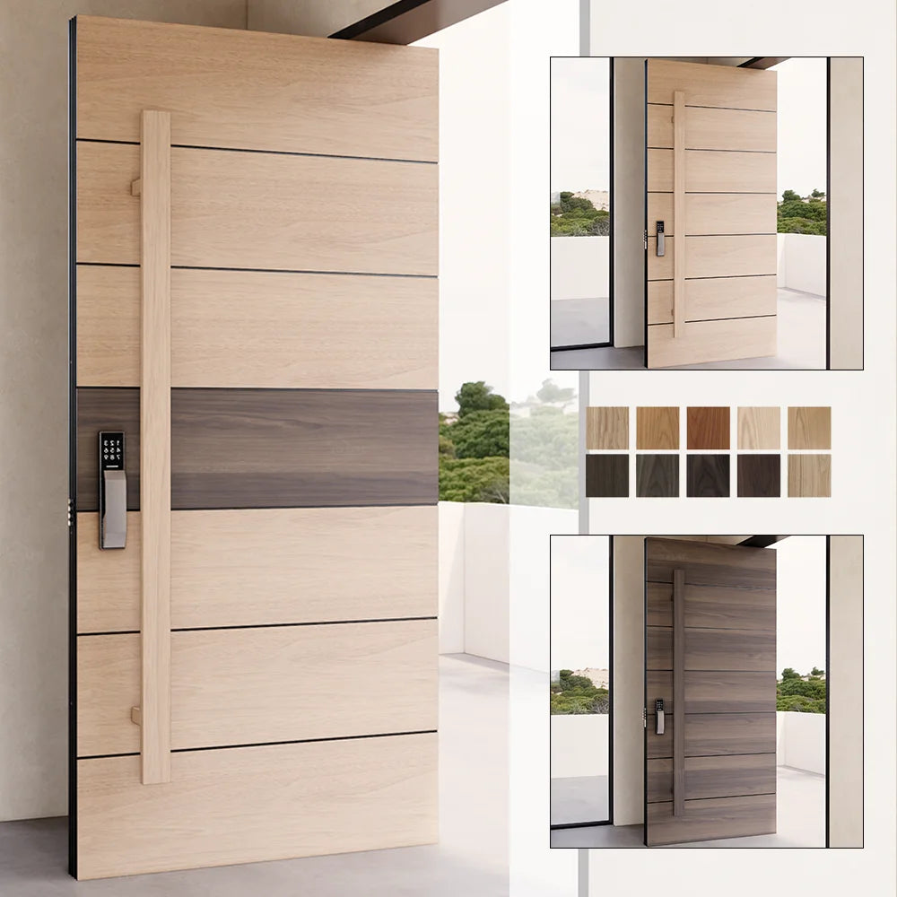 Yohome Minimalist Rectangular Design Front Entry Pivot Door Solid Wood Exterior Main Entrance Timber Plank External House Doors