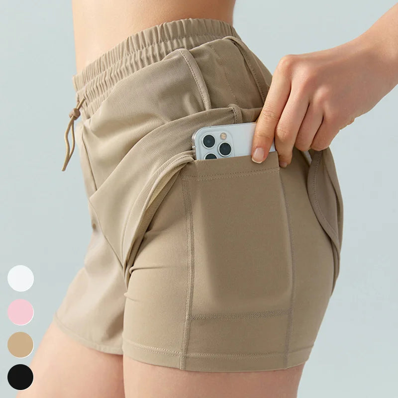 Drawstring Mesh Sports Shorts 2 in 1 Training Workout Shorts Outdoor Running Fitness Pants Women Sports Shorts With Pockets
