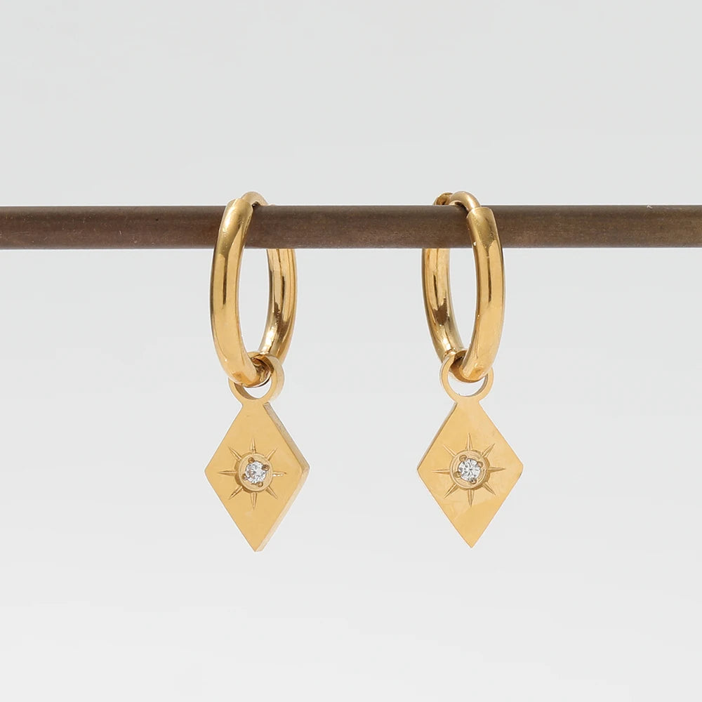 Fenny 18K Gold-plated Wholesale Geometric Rhombus Sun Burst Zirconia Drop Huggie Stainless Steel Earring for Women