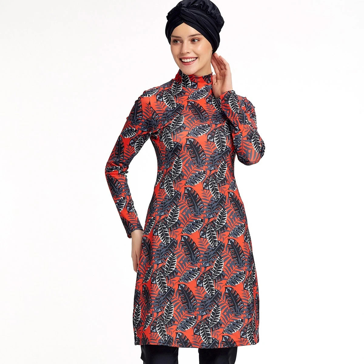 MOTIVE FORCE 3PCS Islamic Swimwear Light Brown Maple Leaf Print Long Sleeves No Gauze Muslim Swimwear for Women