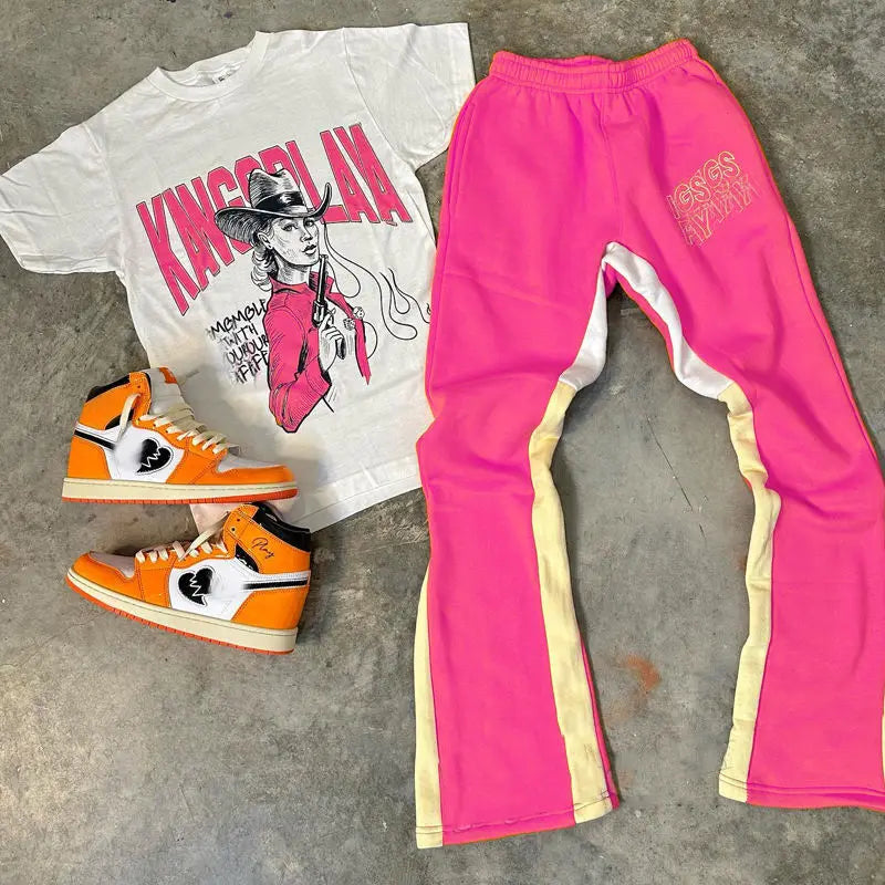 Custom Digital Unisex Tracksuit Screen Print T Shirt and Flare Sweatpants Flare Sweat Track Pant Flare Sweat Pants Men Sets